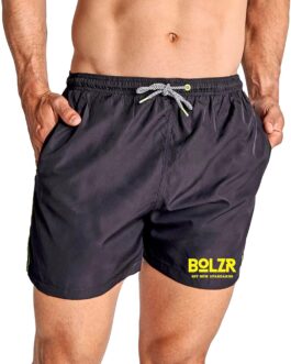 Bolzr Mens Swim Shorts Black Neon Yellow Print Quick Dry Elastic Waist Drawstring Side Pockets