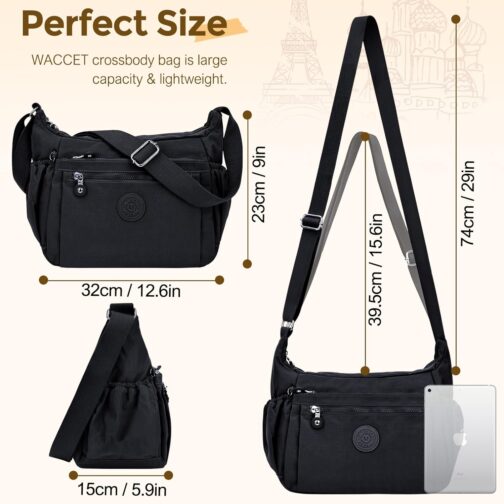 WACCET Women's Large Shoulder Bag, Waterproof Nylon Crossbody Bag with Adjustable Wide Shoulder Strap, Women's Handbag with Many Compartments, Lightweight Shoulder Bag for Travel, Work – Bild 2