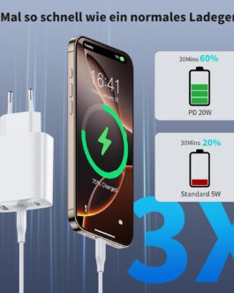 USB C Charger Adapter Power Supply 3 Ports Multiple Plug with USBC and USB A, 40 W Multiport Mobile Phone Quick Charger Charging Plug for iPhone 16 15 14 13 12 11 Plus Pro Max SE 2020 XS XR 8 7,