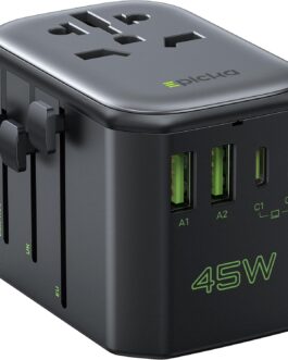 EPICKA Travel Adapter Worldwide, 45 W PD Fast Charge Universal Travel Plug Adapter with 2 USB and 2 USB C, Travel Adapter for Europe, USA, Japan, Korea, Thailand, Australia, Black