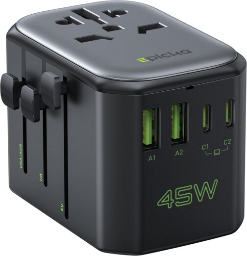 EPICKA Travel Adapter Worldwide, 45 W PD Fast Charge Universal Travel Plug Adapter with 2 USB and 2 USB C, Travel Adapter for Europe, USA, Japan, Korea, Thailand, Australia, Black