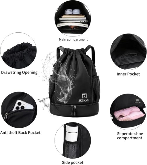 JSNOM Gym Bag Sports Bag Men Women: Backpack Bag Drawstring Waterproof Large with Outer Pocket Zip Inner Pocket for Teenagers Boys Girls Men Women (Black) – Bild 3