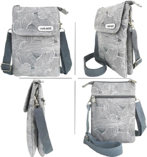 fanshu Shoulder bag for mobile phone and purse, canvas shoulder bag for mobile phone, women's retro phone bag, crossbody mobile phone bag, genuine leather (grey) – Bild 3