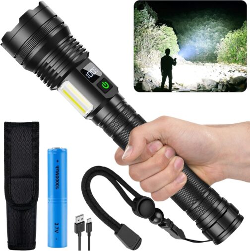 ASORT Rechargeable Torch 990,000 Lumens, Extremely Bright USB Rechargeable Tactical Torches, Zoomable, IP67 Waterproof, 10 Light Modes for Home, Outdoor, Emergencies, Patrol, Camping (with Battery)