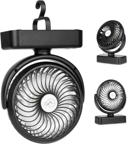 Portable Camping Fan Hanging Fan with LED Light, 40 Hours Operating Time, Rechargeable Table Fan with Hanging Hook for Tent, Motorhome, Survival Equipment, Office, Study