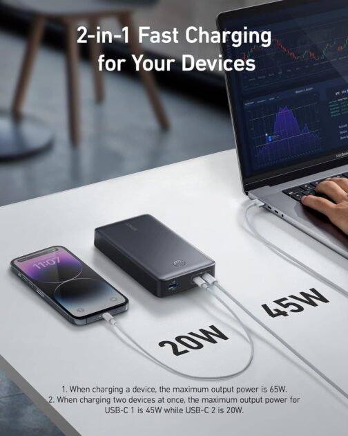 ANKER 537 Power Bank (PowerCore 24K for Laptop), 24,000 mAh 65 W, Mobile Charger for MacBook Pro, Dell XPS, Microsoft Surface, iPad Pro, iPhone 16/15/14/13 Pro, iWatch Series 5 and More (Black) – Bild 2