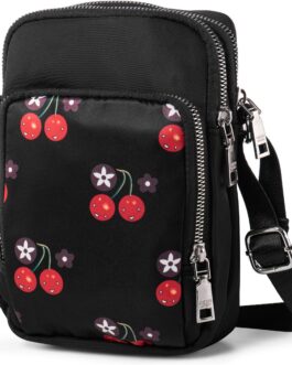 Women’s Girls Small Shoulder Bag Fabric Bag Mobile Phone Case for Hanging with Cute Pattern, 3 Compartments and Long Strap, Black with cherry, Minimal