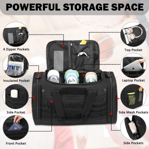 Sports Bag Men's 45L with Shoe Compartment & Wet Compartment FRETHIND Travel Bag for Women Waterproof MOLLE Training Bag Classic Swimming Bag for Sports, Fitness & Travel, black, Classic – Bild 3