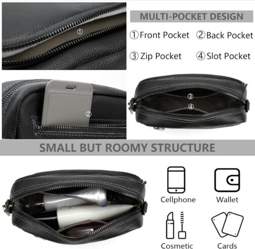 GSenhui Crossbody Bag Women's Genuine Leather Small Shoulder Bag with Wide Strap Zip and Removable Shoulder Strap Mobile Phone Case for Hanging Women Black – Bild 4