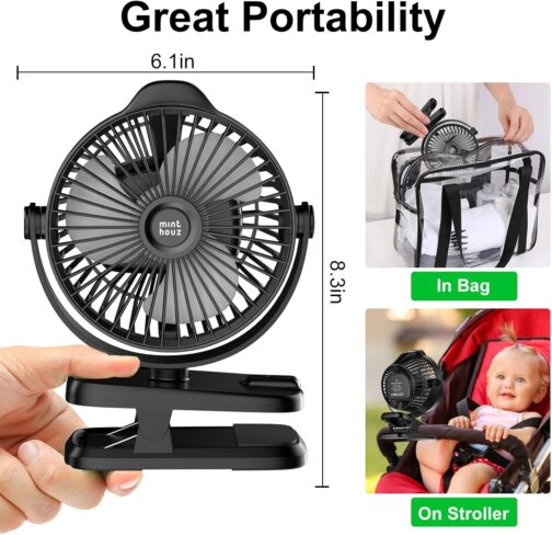 Minthouz Table Fan with Clip, 8000 mAh USB Fan, 5 Speeds Portable Mini Fan, Low Noise Ceiling Fan, Ideal for Outdoor Camping/Pram/Home/Office – Bild 8