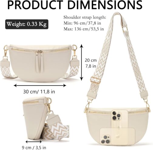 Vezluax 30 x 20 cm Large Bum Bag Women's Vegan Leather Shoulder Bag Women's Crossbody Bag Stylish Belt Bag with Wide Strap, L-beige, Utility – Bild 2