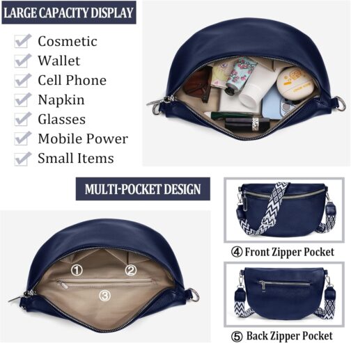 HLEIUKT Women's Large Shoulder Bag, Crossbody Bag, Women's Wide Strap, Bum Bag, Women's Stylish Leather Water-Repellent, Elegant Modern Bags with Removable Shoulder Strap, blue – Bild 3