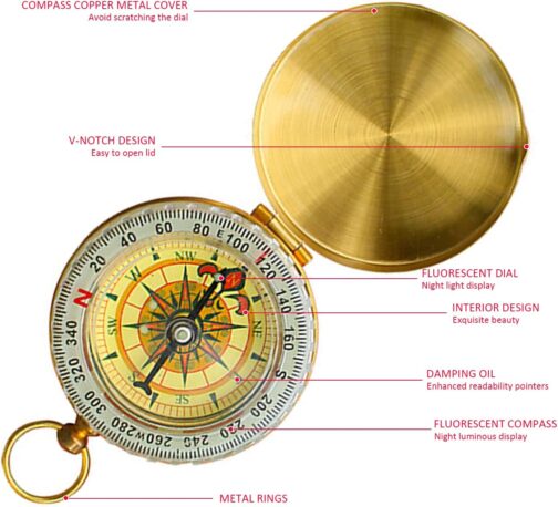 1 Piece Golden Compass Pocket Watch with 2 Pieces Carabiners (Black and Orange) Outdoor Direction Compass Pure Copper Luminous Compass Pocket Watch for Mountaineering and Other Activities – Bild 3