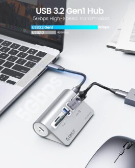 ORICO USB C Hub, USB 3.2 GEN 1 Hub with TF/SD Card Reader, 3 USB A Ports, 5 Gbps USB Distributor, 0.5 m USB C Cable, USB Splitter with Type C Power Supply Port 5V/2A for iMac, MacBook, MacBook Pro