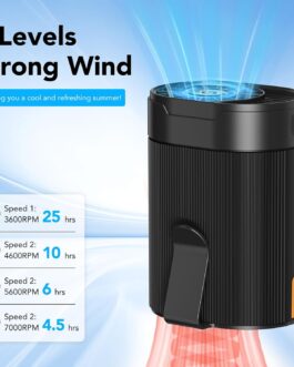 COZOME Portable Fan Battery, Small T-Shirt Fan with Clip, Rechargeable Waist Fan on Belt, Turbo Belt Fan with Hanging Rope, 4 Wind Strengths, USB C, 6600 RPM, Ideal for Work, Construction Site
