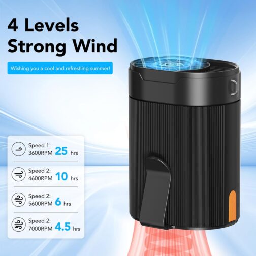 COZOME Portable Fan Battery, Small T-Shirt Fan with Clip, Rechargeable Waist Fan on Belt, Turbo Belt Fan with Hanging Rope, 4 Wind Strengths, USB C, 6600 RPM, Ideal for Work, Construction Site – Bild 2