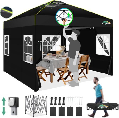 COBIZI Gazebo 3 x 3 m Waterproof Stable Winterproof Folding Gazebo Party Tent Garden Gazebo Pop Up Gazebo Folding Tent with 4 Side Ventilation Openings, Sandbag for Market, Outdoor Event, Black