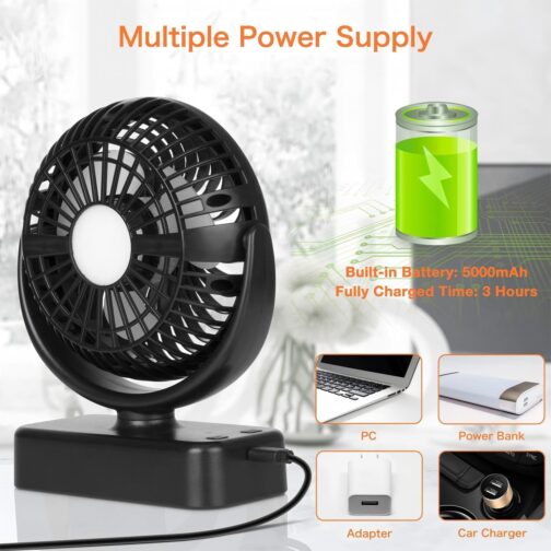 Portable Camping Fan Hanging Fan with LED Light, 40 Hours Operating Time, Rechargeable Table Fan with Hanging Hook for Tent, Motorhome, Survival Equipment, Office, Study – Bild 6