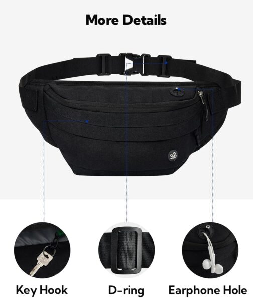 WATERFLY Bum Bag Men Women Large: Waist Bag Sport Belt Bag Mobile Phone Waterproof Hip Waist Nylon Work Festival Fanny Pack Dog Training Dam Man, Dark Black – Bild 4