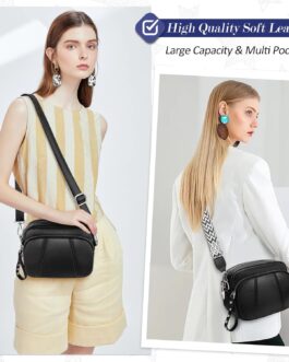 JUYANO Crossbody Bag Women’s Wide Strap Leather Shoulder Bag Women’s Small Shoulder Bags Fashion Small Shoulder Bag with 3 Zip Compartments 2 Removable Shoulder Straps