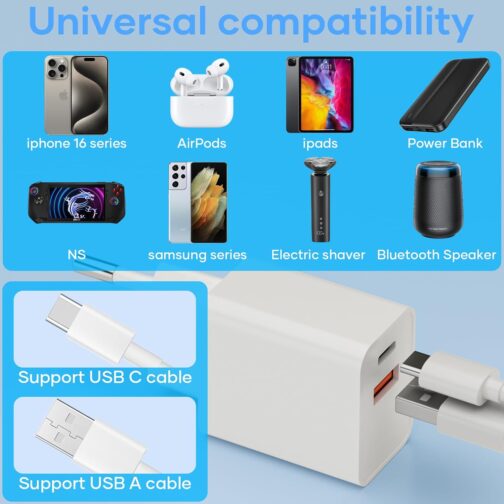 USB C Charger, 20 W 2 Port USB C Adapter with USB-C and USB-A Fast Charger Travel USB C Charger PD3.0 Charger Compatible with iPhone 16/16 Pro/16 Pro Max/16 Plus/15/14/13/SE/Pro/iPad White – Bild 4