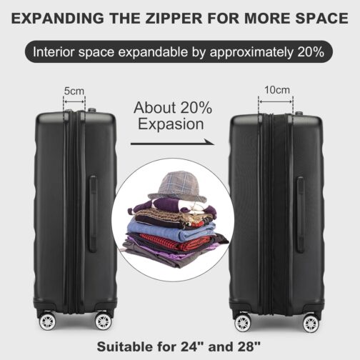 KONO Suitcase Trolley Lightweight Expandable ABS + PC Hard Shell Luggage with TSA Lock and Double Spinning Wheels for Travel and Business, black, Suitcase – Bild 5