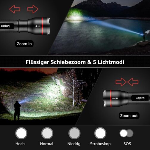 Lepro LED Torch, LE2050 Extremely Bright Mini Torches with Clip, Zoomable Camping Battery Operated Torch with 5 Modes, Waterproof Torch Light for Outdoors, Hiking, Gift, Emergency – Bild 4