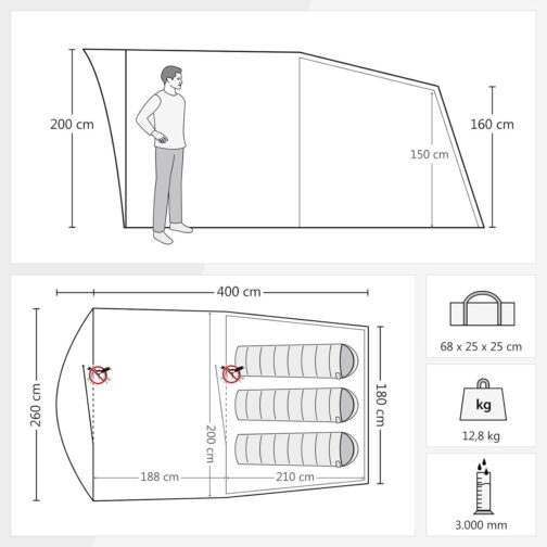 Justcamp Atlanta 3, 5 or 7 Person Family Tent - Tunnel Tent with Standing Height Including Canopy & Floor, Entrance with Fly Screen - Camping Tent Large, Spacious, Waterproof - Ideal for Camping & – Bild 2
