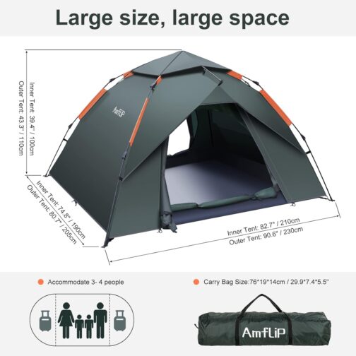 Amflip Camping Tent Automatic 3 Man Instant Tent Pop Up Dome Tent 4 Seasons Waterproof & Windproof Camping Tent with Removable Outer Tent Tarpaulin for Families, Camping – Bild 6