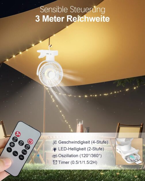 360° Oscillating Clip Fan with Remote Control - 10000 mAh Battery USB Table Fan Portable - Timer Function & 4 Levels Quiet Camping Clamp Fans - LED Light Mini Fan 75 Hours, Diameter 17.5 cm – Bild 4