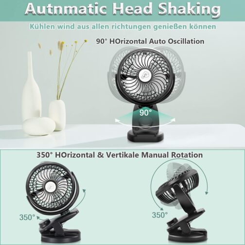 Improved Mini USB Clip Fan with 5000 mAh 2-in-1 Table Fan Clip Fan, Car Oscillating Quiet Continuous Speed USB Rechargeable Portable Fan for Office Camping Diameter 14.5 cm – Bild 4