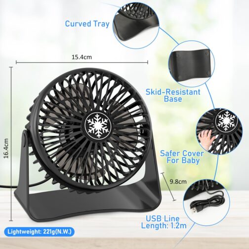 JATEKA Mini USB Table Fan, 3 Speeds Strong Fan with 1.2 m USB Cable, Desktop Quiet Fan 360° Rotation Adjustment, Removable Grid for Office and Bedroom - Black – Bild 5