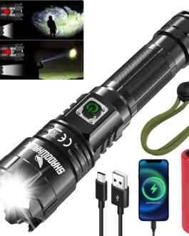 Shadowhawk LED Torch Rechargeable, Extremely Bright 500,000 Lumen Torches, Battery Operated USB, XHP70.2 Tactical Torch, IP67 Waterproof, 5 Light Modes, Zoomable for Camping, Hiking, Emergencies