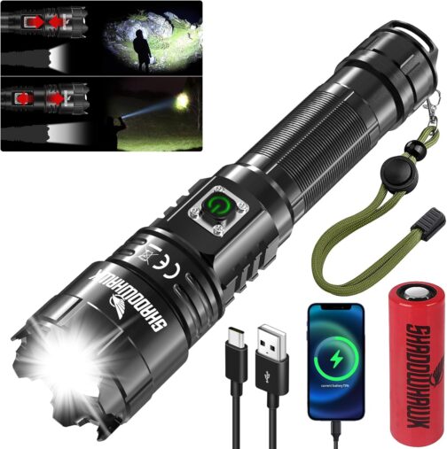 Shadowhawk LED Torch Rechargeable, Extremely Bright 500,000 Lumen Torches, Battery Operated USB, XHP70.2 Tactical Torch, IP67 Waterproof, 5 Light Modes, Zoomable for Camping, Hiking, Emergencies