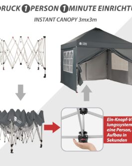 Gazebo 3 x 3 Waterproof Stable Winterproof with 4 Side Panels, Pop Up Garden Gazebo UV Protection 50+, Party Tent for Outdoor Camping, 3-Way Height Adjustable, Gazebo with Carry Bag
