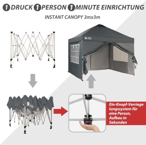 Gazebo 3 x 3 Waterproof Stable Winterproof with 4 Side Panels, Pop Up Garden Gazebo UV Protection 50+, Party Tent for Outdoor Camping, 3-Way Height Adjustable, Gazebo with Carry Bag – Bild 2