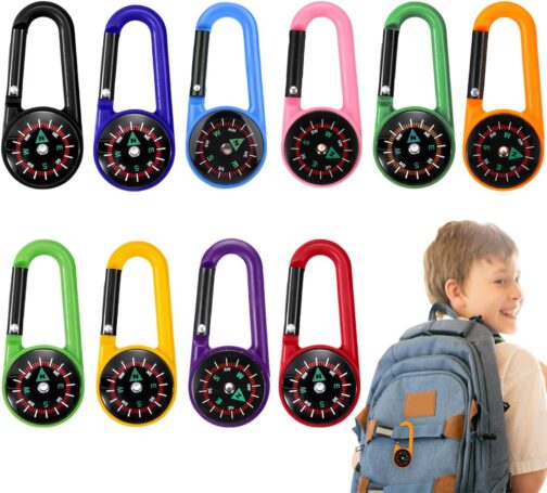Lucktao 10 x Children's Compass with Carabiner Hook, Multifunctional Portable Colourful Mini Carabiner Key Ring for Camping, Outdoor Activities, Gifts Children