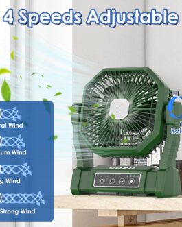 COZII Camping Fan, 20000 mAh Table Fan, USB Fan Battery with Light, 4 Speeds, 4 Timing, Remote Control, Outdoor Fan Quiet with Hanging Hook for Camping, Picnic, Barbecue, Office