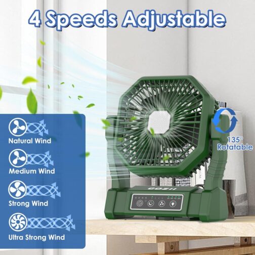 COZII Camping Fan, 20000 mAh Table Fan, USB Fan Battery with Light, 4 Speeds, 4 Timing, Remote Control, Outdoor Fan Quiet with Hanging Hook for Camping, Picnic, Barbecue, Office – Bild 2