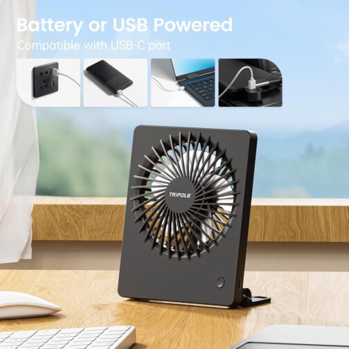 TriPole Desk Fan, Battery Operated, 180° Portable Fan, 3-Speed USB Fan, Ultra Thin Mini Fan for Home Office Travel Gifts for Women Men, Black – Bild 3
