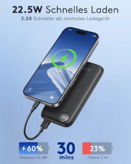 Lightweight but Strong External Mobile Phone Batteries, Flat 10000 mAh Power Bank PD 22.5 W Fast Charging Function USB C Input & Output Portable Charger with 3 Ports and LED Display for Samsung iPhone