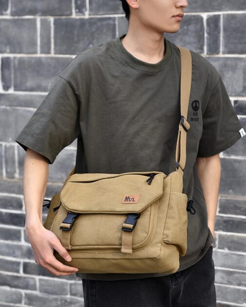 ibalulu Men's Shoulder Bag, Robust Canvas Messenger Bag with Multiple Pockets and Adjustable Strap, Vintage Crossbody Bag, Hobo Work Bag, Unisex Shoulder Bag for Work, Travel, Everyday Use, khaki – Bild 2