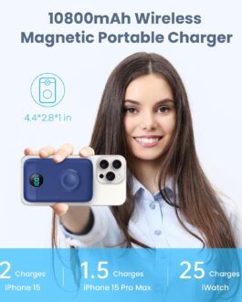 Magnetic Power Bank 10800 mAh for MagSafe, 4-in-1 Wireless Power Bank with i-Watch Charger, QC4.0 + PD 22.5 W USB C Fast Charging External Battery with LED Display for Apple Watch/iPhone 15/14/13/12