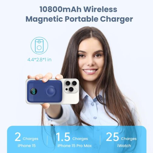 Magnetic Power Bank 10800 mAh for MagSafe, 4-in-1 Wireless Power Bank with i-Watch Charger, QC4.0 + PD 22.5 W USB C Fast Charging External Battery with LED Display for Apple Watch/iPhone 15/14/13/12 – Bild 2