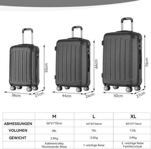 BEIBYE Hard Shell Suitcase, Trolley Suitcase, Travel Suitcase, Security Combination Lock, Twin Wheels, ABS Material, Hand Luggage, 4 Wheels (M / L / XL Set), black – Bild 6