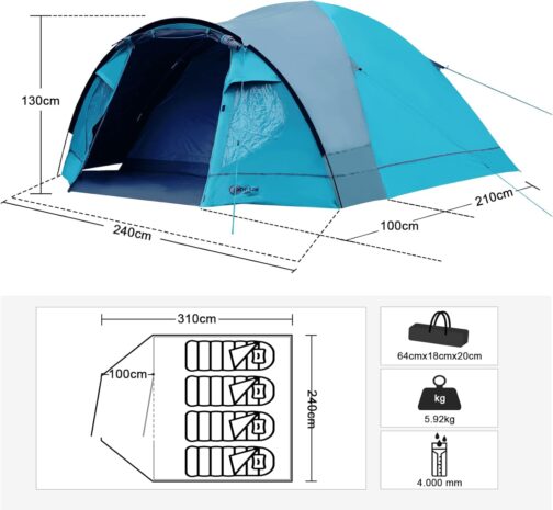 PORTAL Blackout Zelt 3-4 Perosonen mit Vorzelt Camping Kuppelzelt 4000mm wasserdicht Familienzelt Festivalzelt Outdoor für Camping Reise – Bild 5