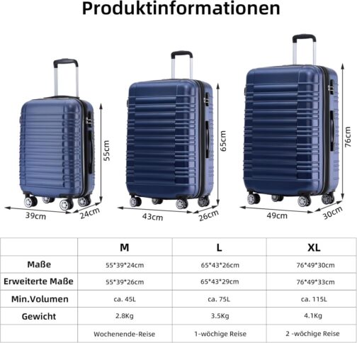 Beibye Twin-Wheeled Travel Suitcase, Hard Shell Trolley Suitcase, M/L/XL Set, dark blue – Bild 7