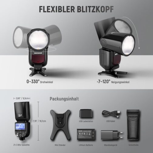 NEEWER Z1-C TTL Flash Speedlite Round Head Flash Light for Canon DSLR Cameras, 76Ws 2.4G 1/8000s HSS, 10 Levels LED Adjustment Lamp, Speedlight with 2600 mAh Lithium Battery, Recycling in 1.5s Flash – Bild 9