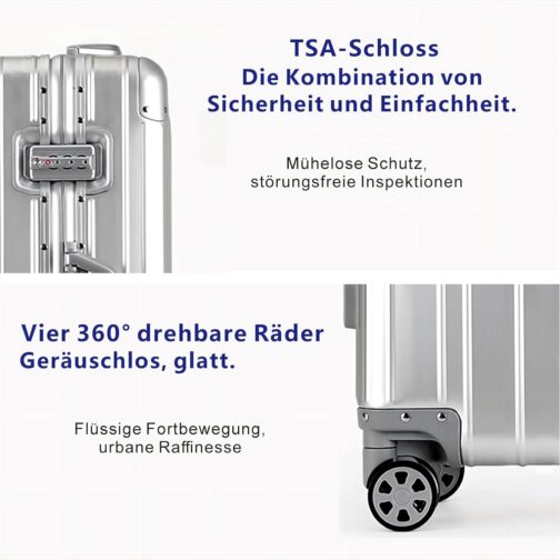 Aluminium Travel Suitcase, Hard Shell Suitcase with TSA Lock, 4 Wheels Spinner, Telescopic Handle, Cabin Size, silver, S, simple – Bild 4