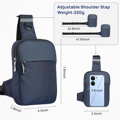 BROADREAM Sling Chest Crossbody Bag, Waterproof Shoulder Bag, Chest Bag, Shoulder Bag, Men and Women, Mobile Phone Case with RFID Blocking Zip Pocket, Suitable for Outdoor Sports and Hiking, A-Blue, – Bild 6